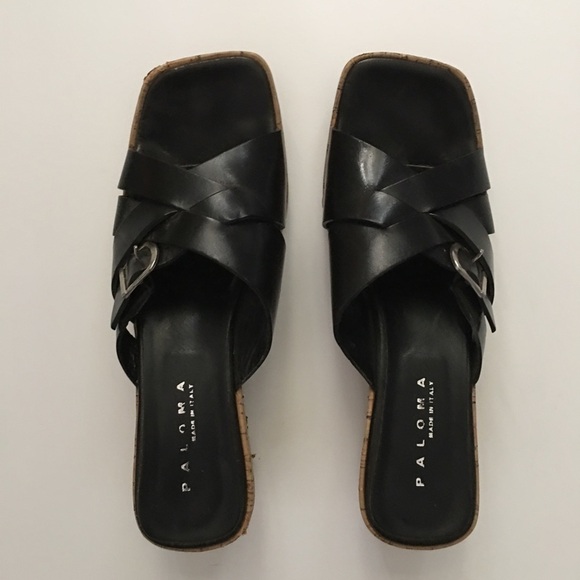 Paloma Black Leather Wedge Sandals Size 8 - Picture 3 of 12